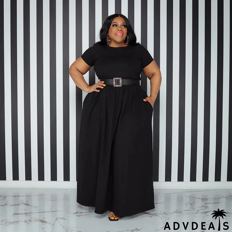 Women Plus Size Solid Color Short Sleeve Casual Maxi Dress