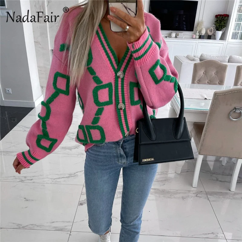 UForever21 Geometric Pattern Cardigan Women Green Vintage Knitted Tops 2022 Autumn Button Up Long Sleeve Winter Sweater Coat Muje