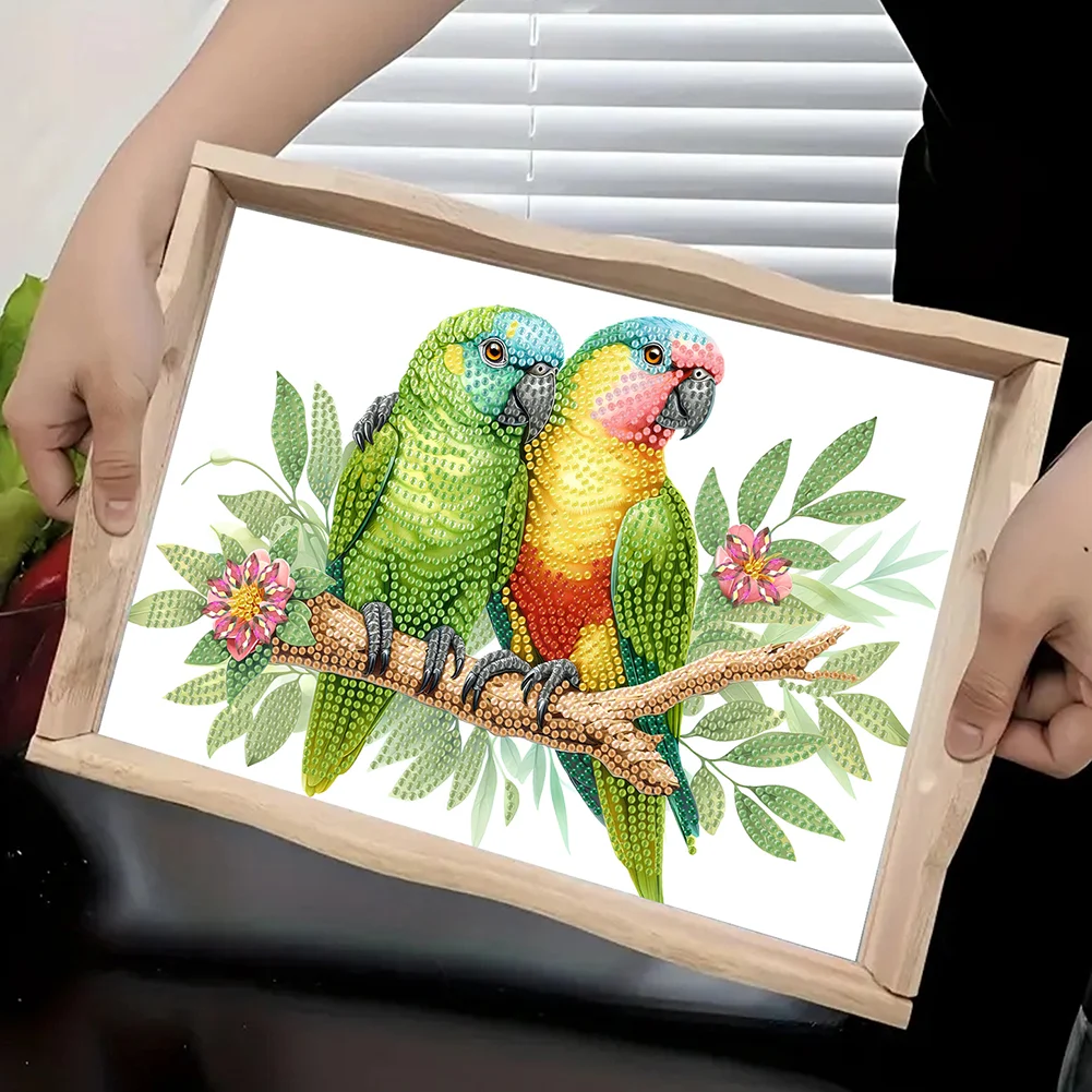 5D DIY Flower Parrot Diamond Painting Wooden Serving Tray with Handle for Desk