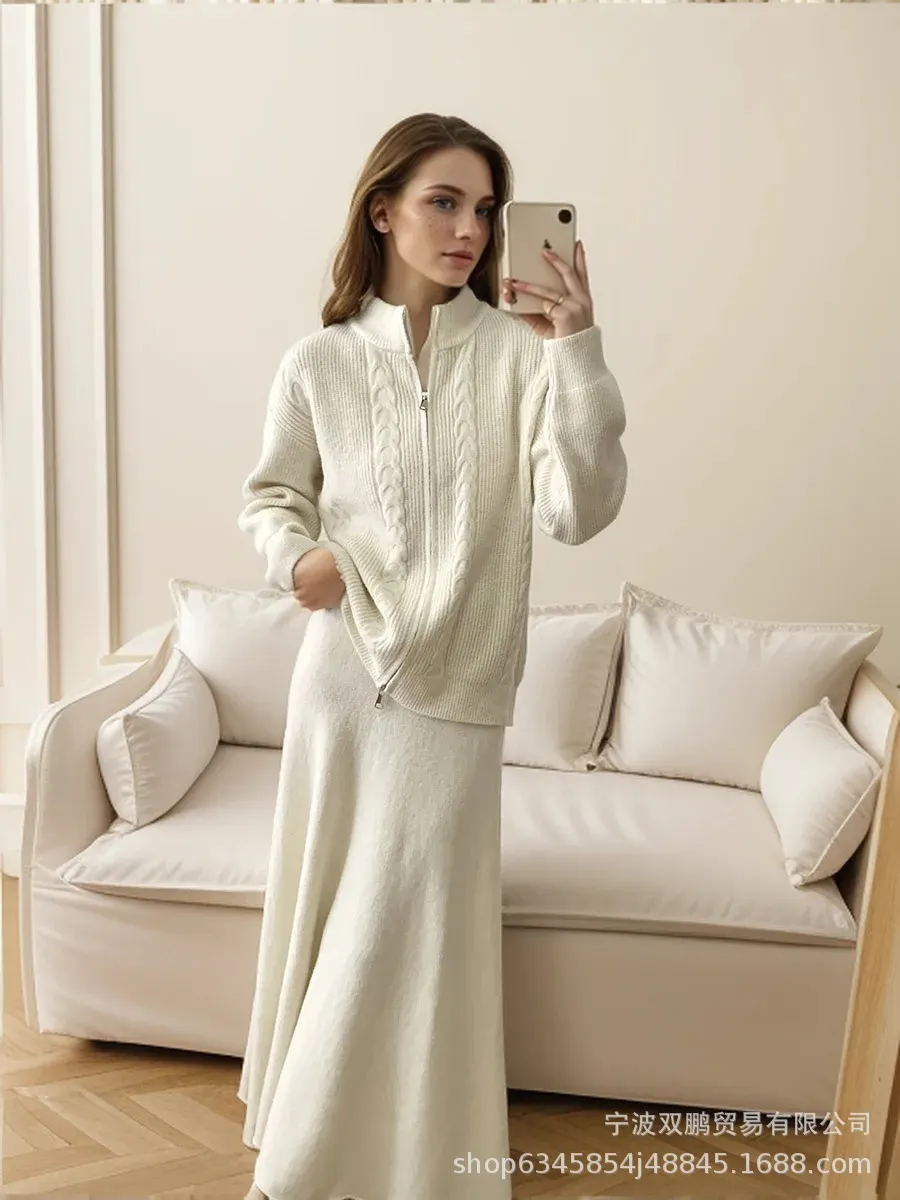 Athvotar Athvotar Loose Knitted Suit Women 2025 Autumn And Winter New Zipper Sweater + Fishtail Skirt