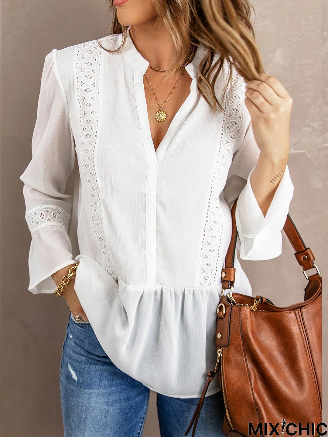 V Neck Split Joint Plain Casual Top