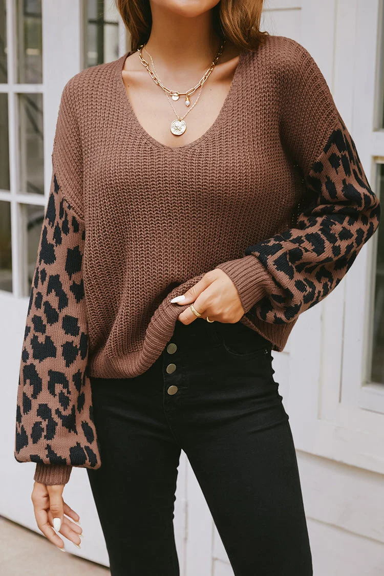 Mood Brown Leopard Print Drop Sleeve Sweater