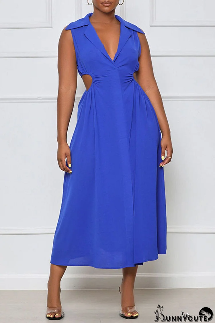 Blue Sexy Solid Hollowed Out Patchwork V Neck A Line Dresses