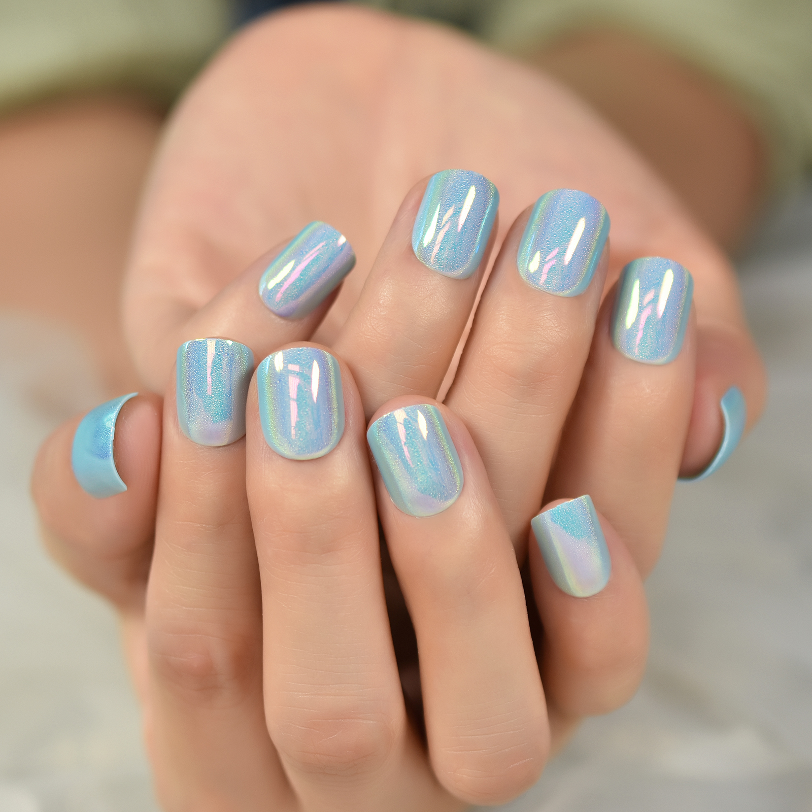 Bonusbad Fun Summer Nails – 24pcs Glitter Blue Short Oval False Nails  