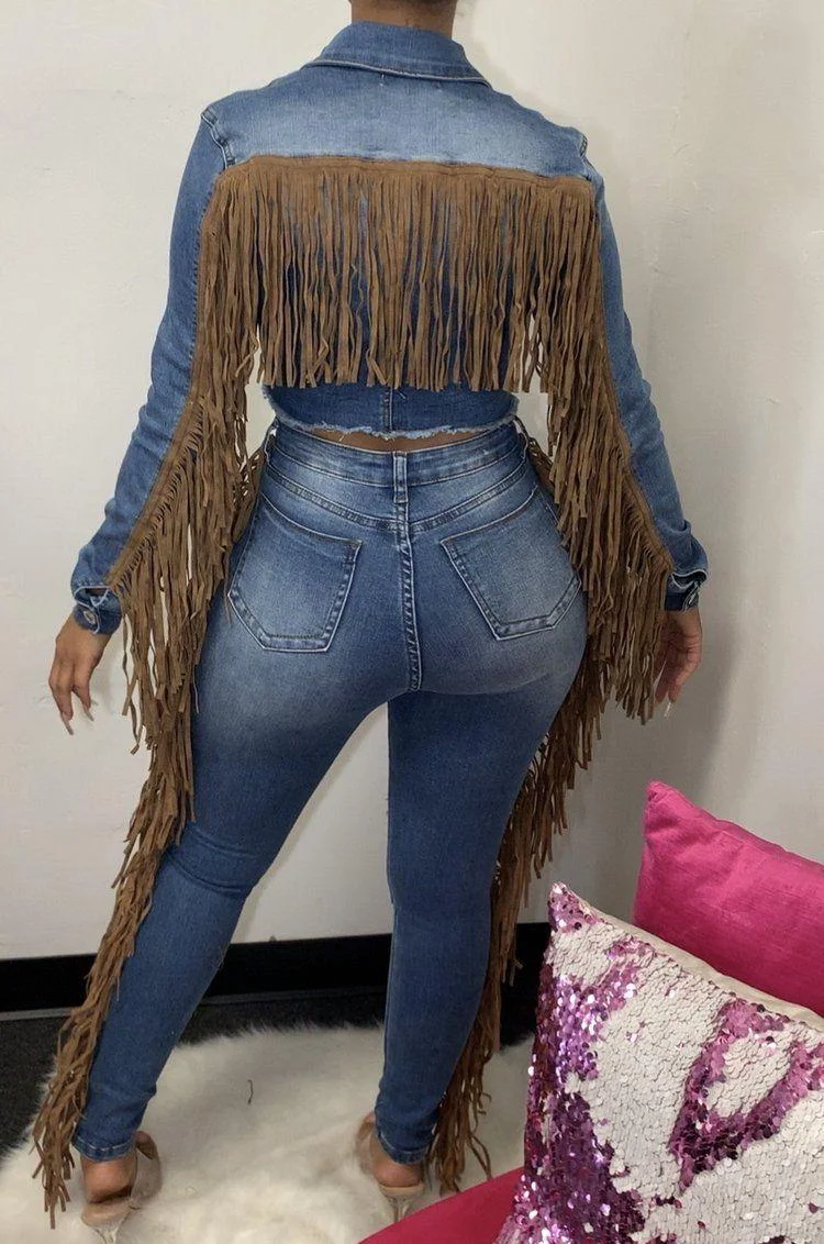 Xpluswear Plus Size Casual Denim Fringe Long Sleeve Jean Jacket Outwear