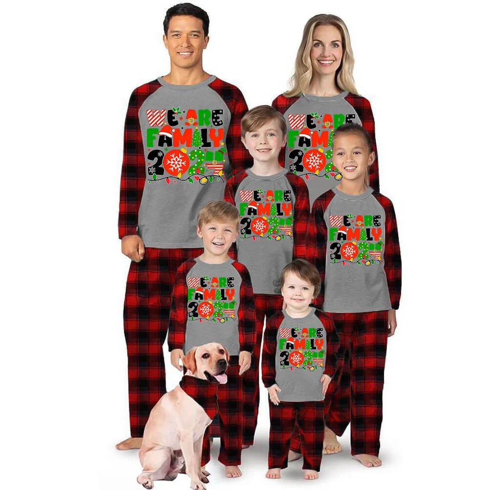 Christmas "We are Family" Colorful Multi-Element Letter Prints Black & Red Plaid Family Matching Grey Pajamas With Dog bandana