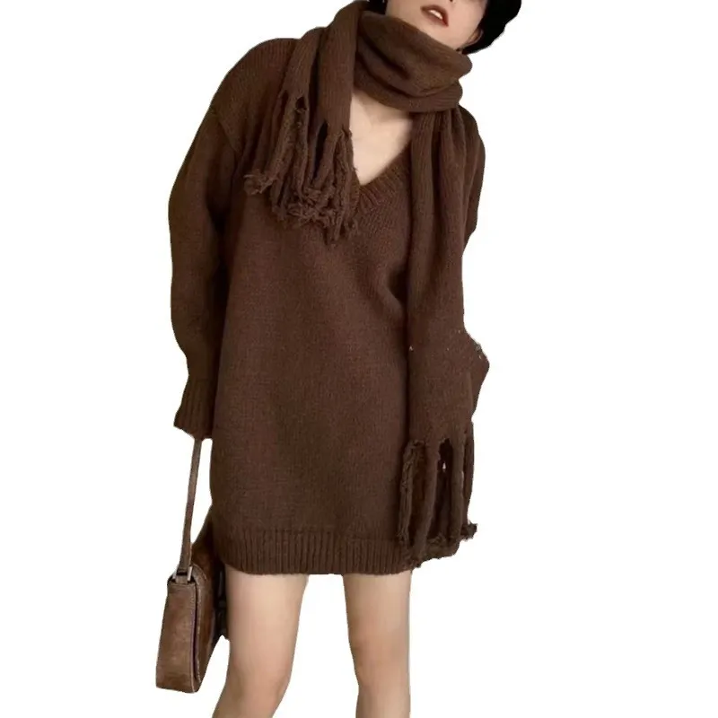 Churchf Churchf Send Scarf 2024 Autumn / Winter New Design Sense Loose V-Neck Solid Color Pullover Sweater Top