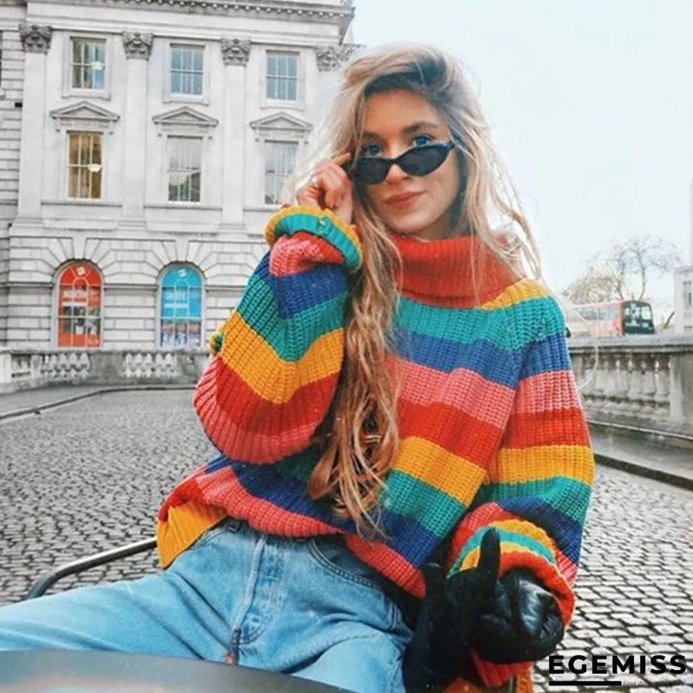 High Neck Sweater Women's Rainbow Stripe Loose Sweater | EGEMISS