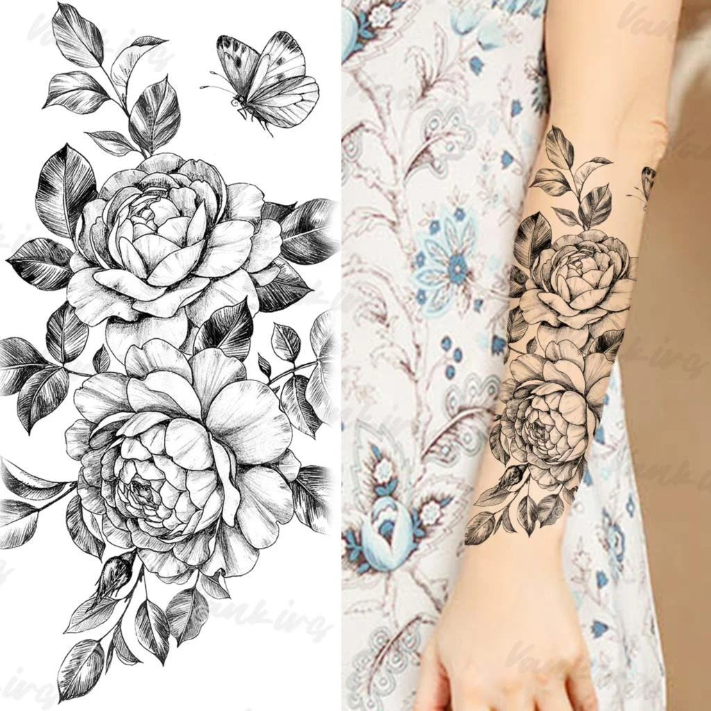 Sdrawing Peony Temporary Tattoos For Adults Women Realistic Butterfly Flower Flora Fake Tattoo Sticker Arm Waist Tatoos