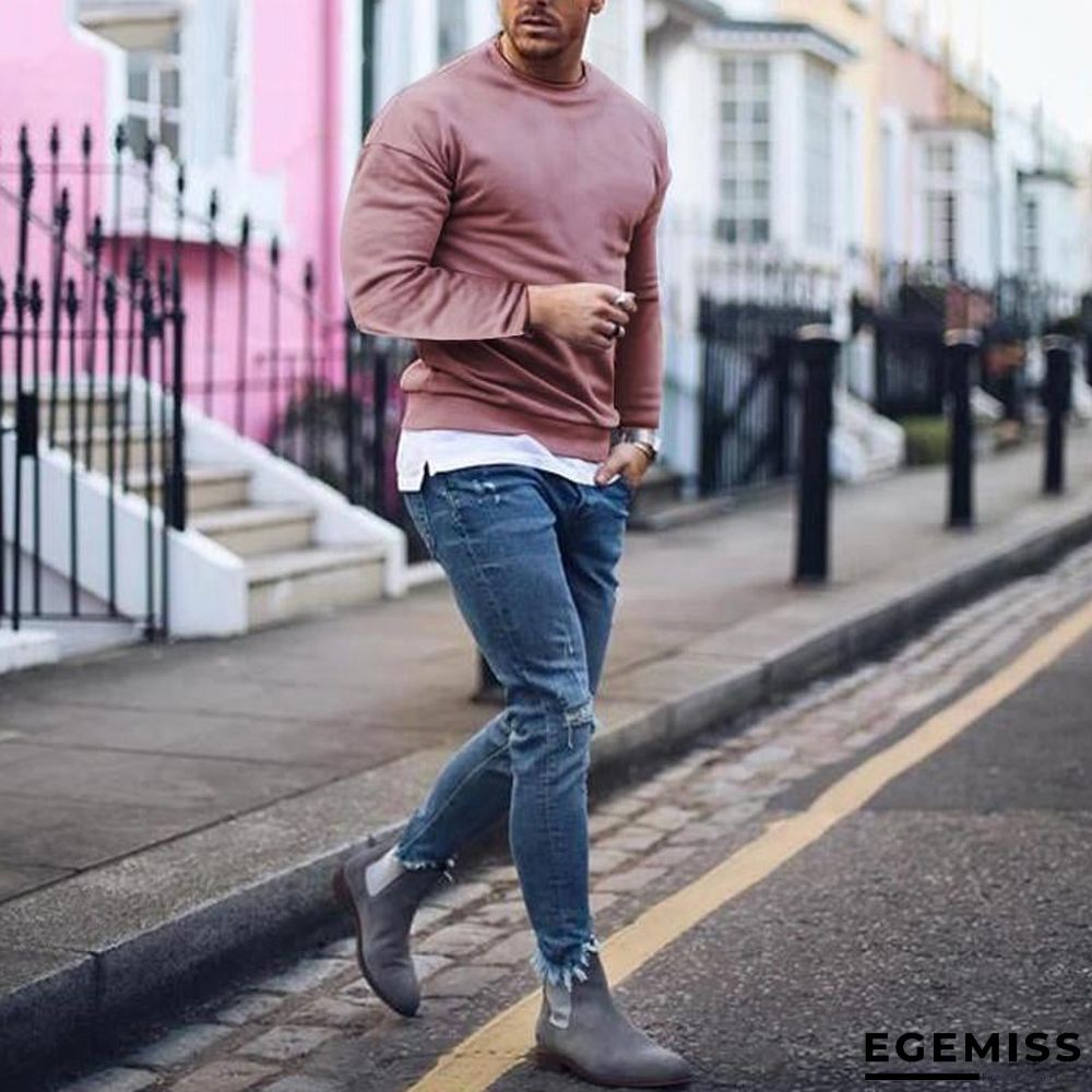 Men Hoodies Long Sleeve Round Neck Solid Chic Streetwear Leisure Workout Sweatshirts | EGEMISS