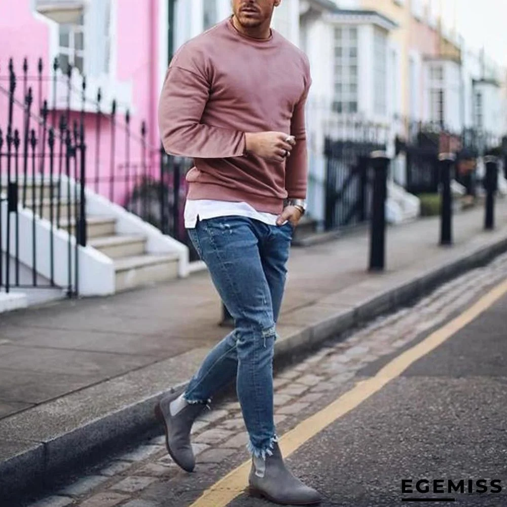 Men Hoodies Long Sleeve Round Neck Solid Chic Streetwear Leisure Workout Sweatshirts | EGEMISS