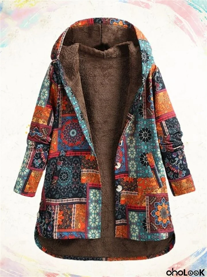 Women's Geometric Print Plush Ethnic Hooded Coats