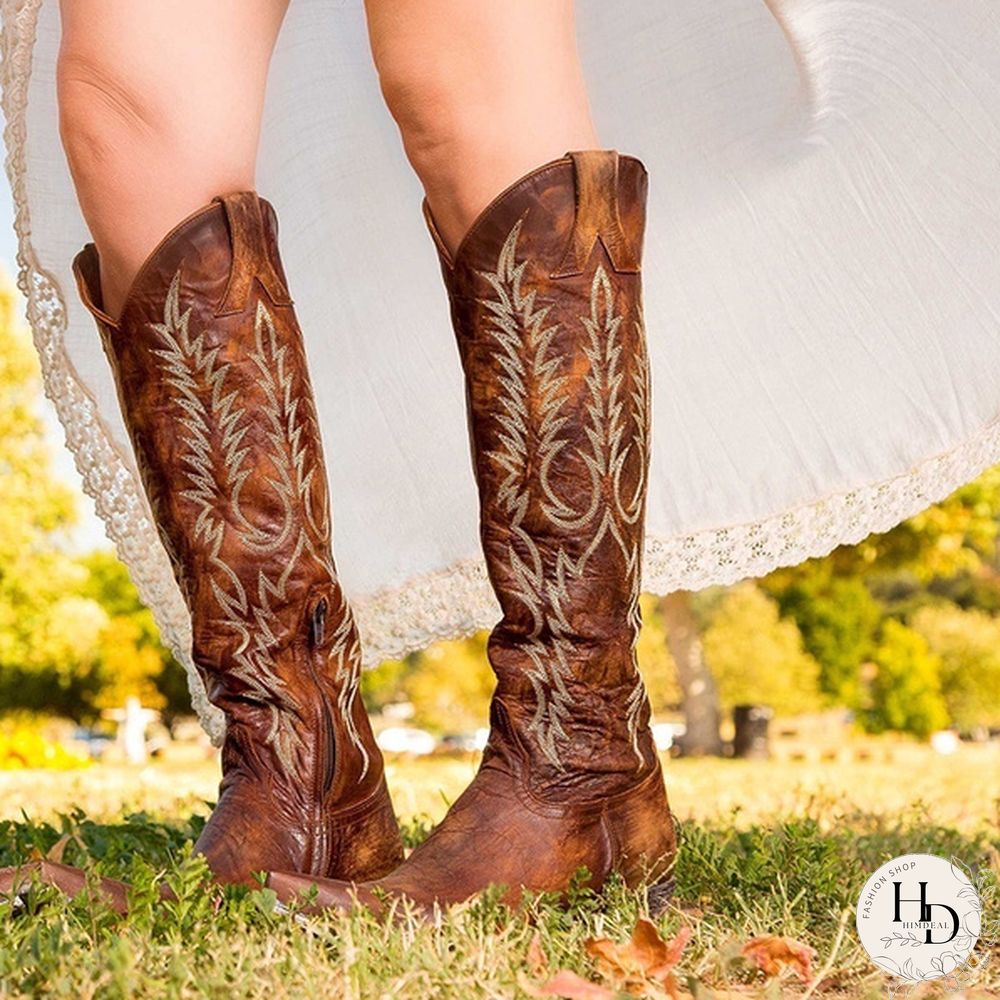 Fashion Women Knee High Boots Leather Riding Boots Medieval Western Cowgirl Boots Vintage Tall Boots Autumn Winter Warm Pointed Toe Flat Boots Ladies Ankle Boots