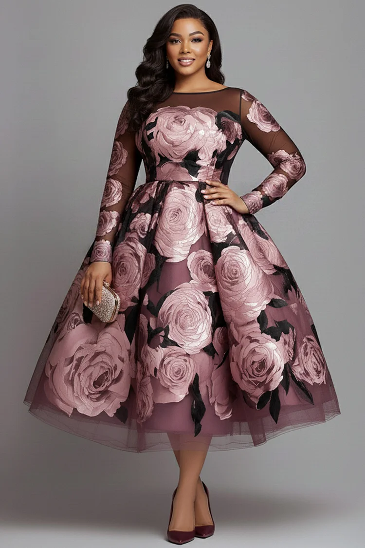 Xpluswear Design Plus Size Wedding Guest Pink Floral Boat Neck Long Sleeve See Through Elegant Midi Dresses [Pre-Order]