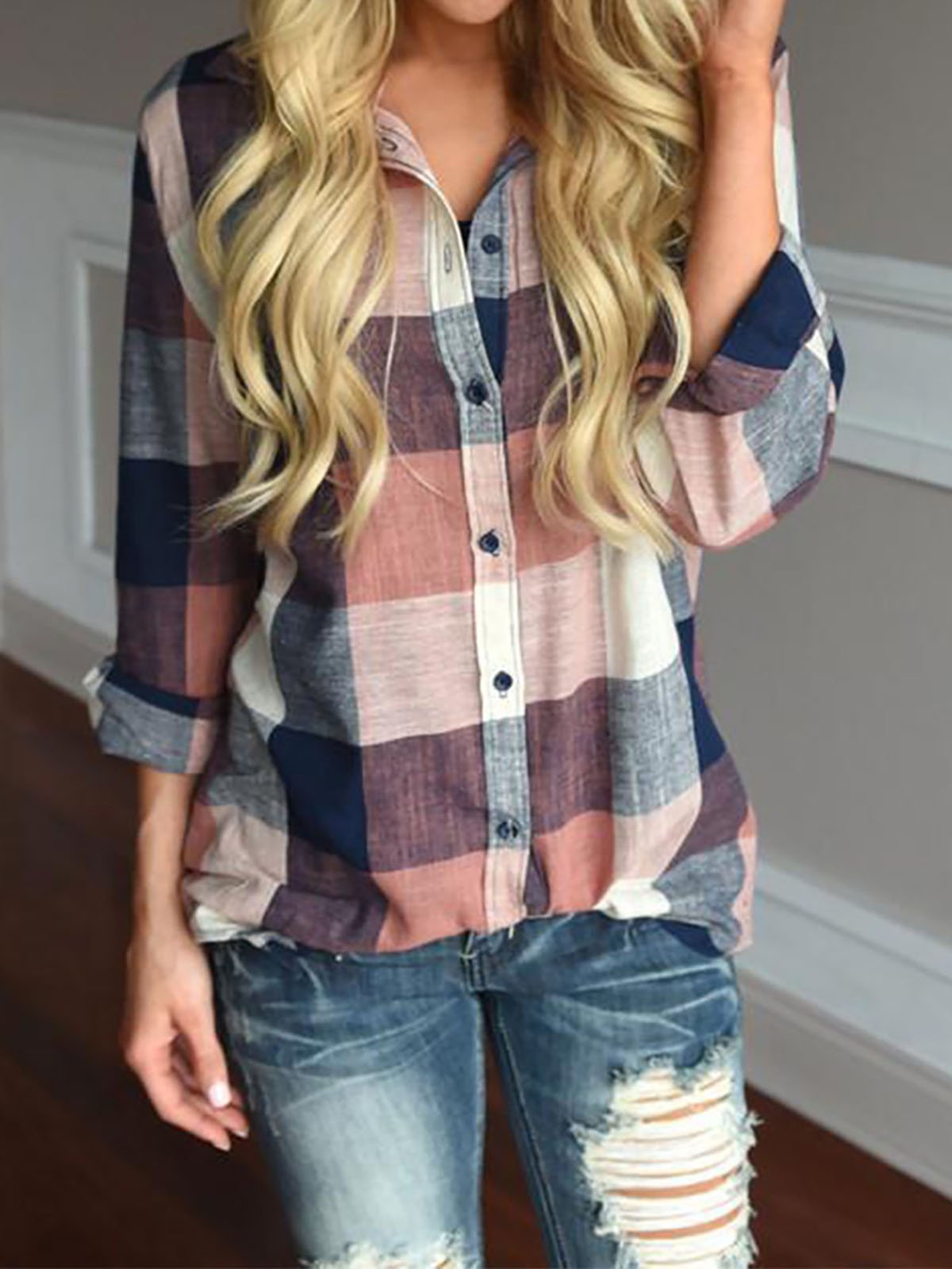 Casual Cotton Shirt Collar Gingham Blouse