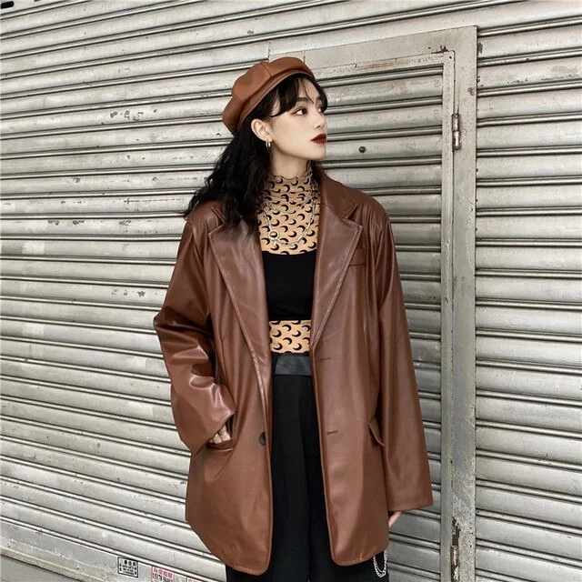 Korean Black Leather Moto Jacket Vintage Warm Female Loose Leather Suit Blazers Streetwear Fashion Women&#39;s Winter Coat 2021 New