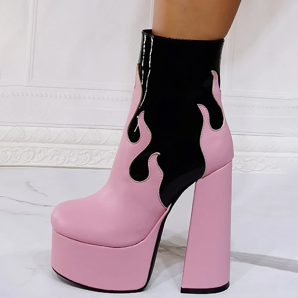 Pink Round Toe Platform Boots Flamed Leather Ankle Boots