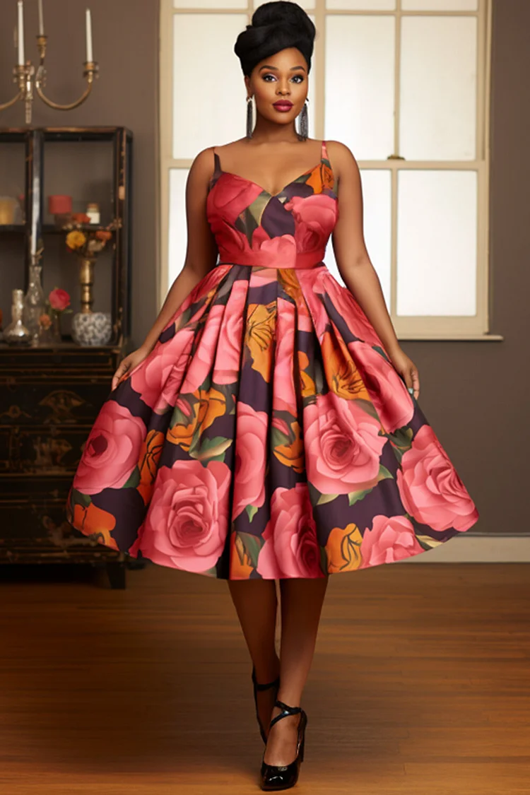 Xpluswear Design Plus Size Wedding Guest Red Elegant Floral V Neck Pleated Satin Midi Dresses [Pre-Order] 2024 - Xpluswear