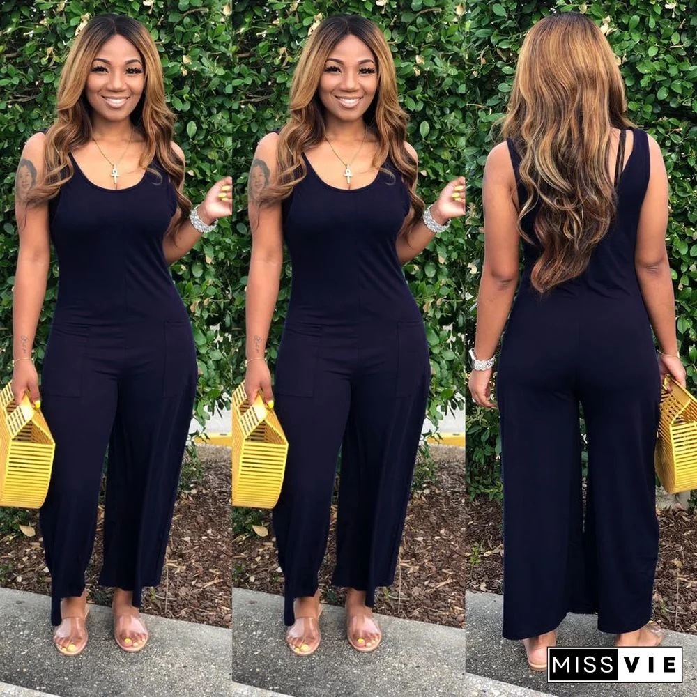 Round Neck Sleeveless Wide Leg Nightclub Women Jumpsuits