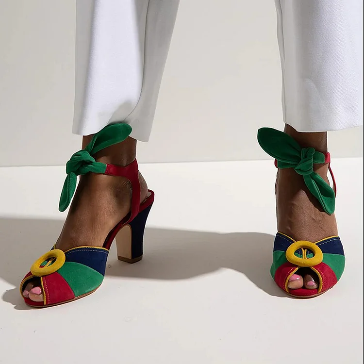 Multicolor Key Hole Sandals Women's Suede Bow Shoes Block Heels |FSJ Shoes