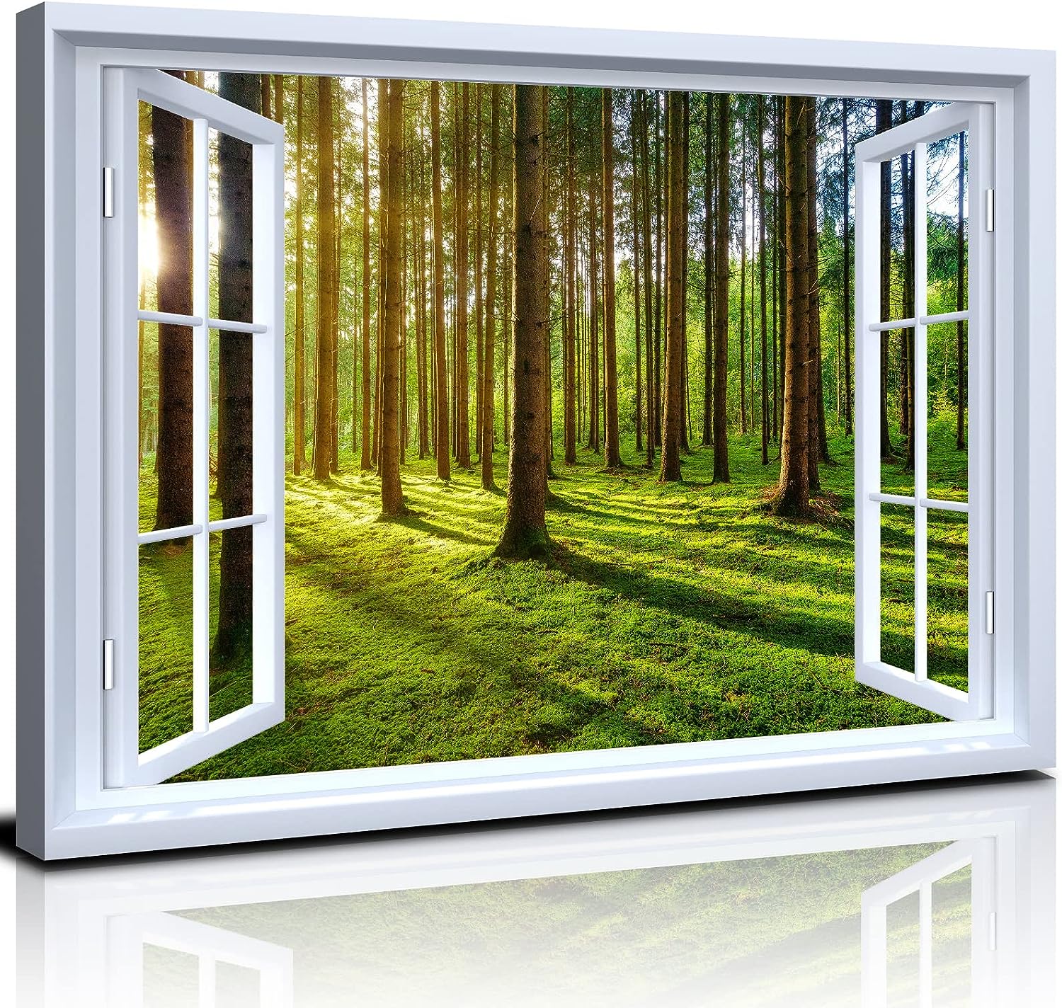 Forest Wall Art Green Woodland Tree Landscape Paintings Window View Nature Forest Canvas Prints Artwork Framed Wilderness Picture Prints Photography for Bathroom Living Room Office Decorations 16x24 16x24&#034;x1pcs