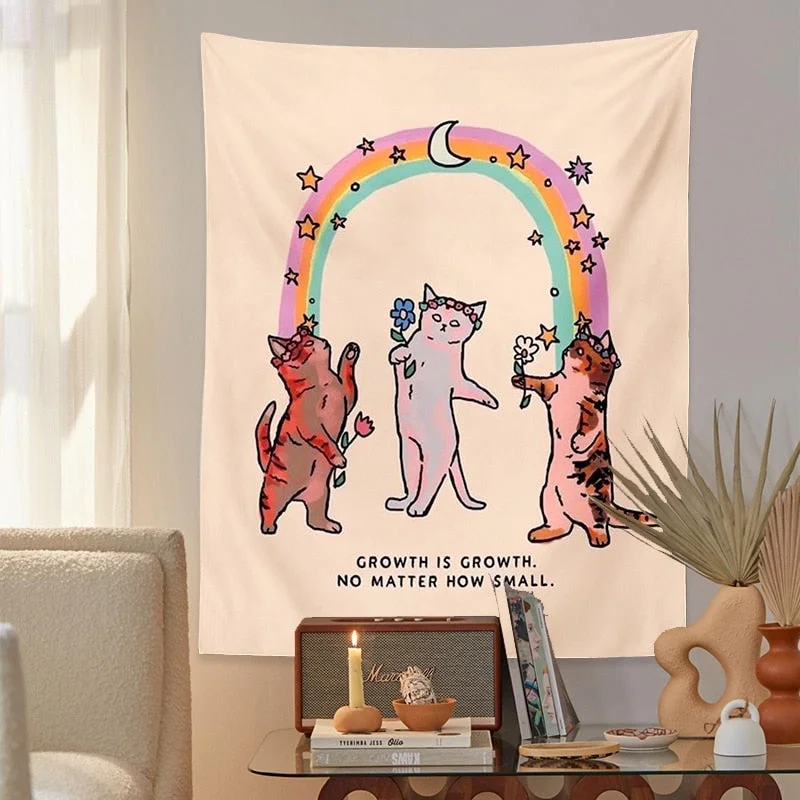 Cute Cat Tapestry sunshine rainbow Wall Hanging Cartoon Cat Bohemian Decoration Home for Living Room Kids Room Bedroom Wall Art