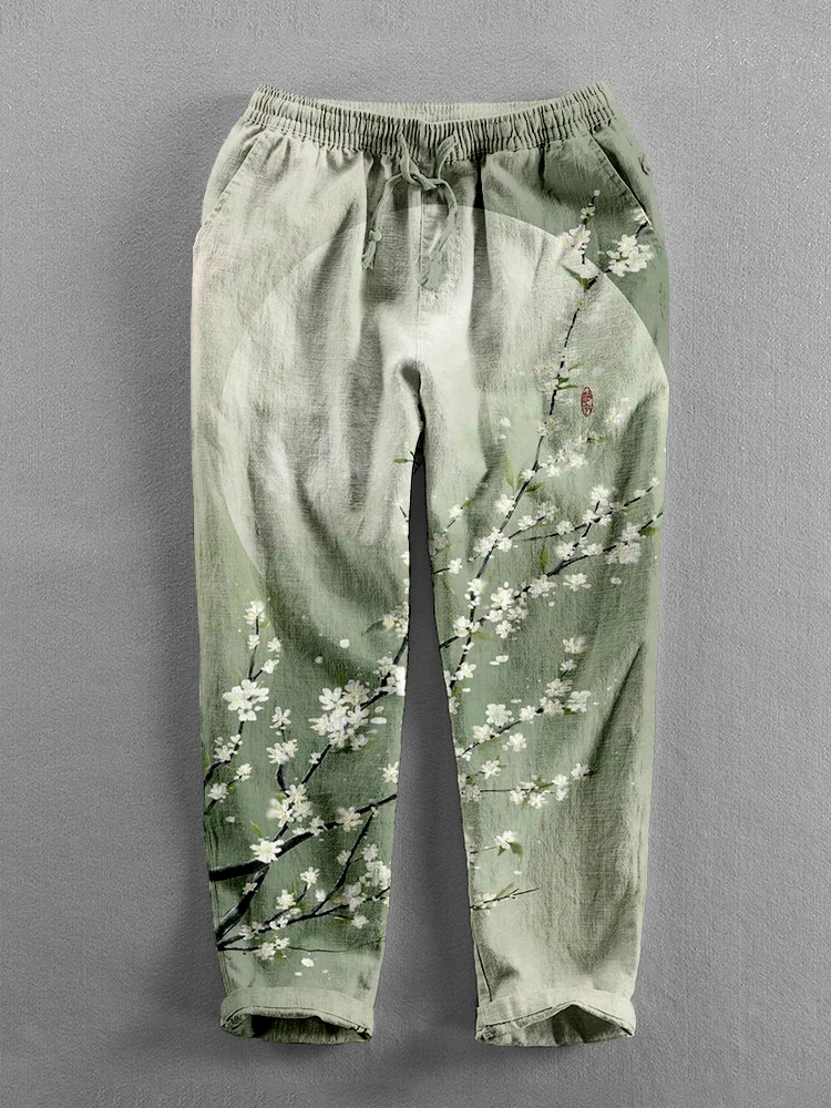 Vintage Pear Flower Art Pattern Linen Blend Casual Pants