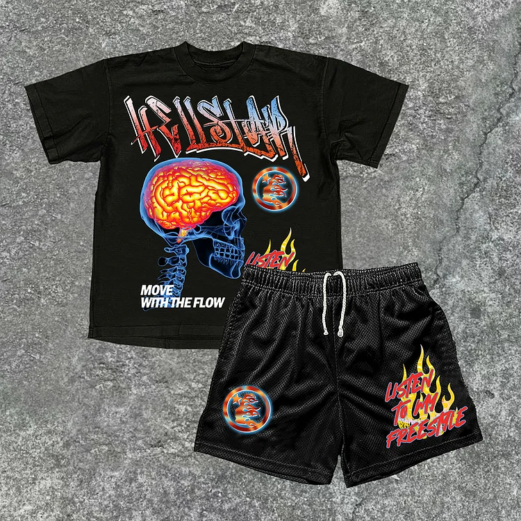 Vintage Hellstar Color Flame Skeleton Graphic Short Sleeve Tee & Shorts Two Piece Set