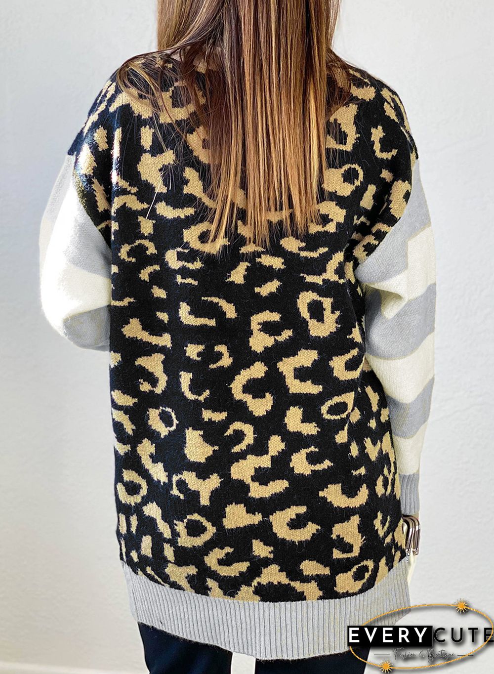 Leopard Print Cardigan with Striped Sleeve
