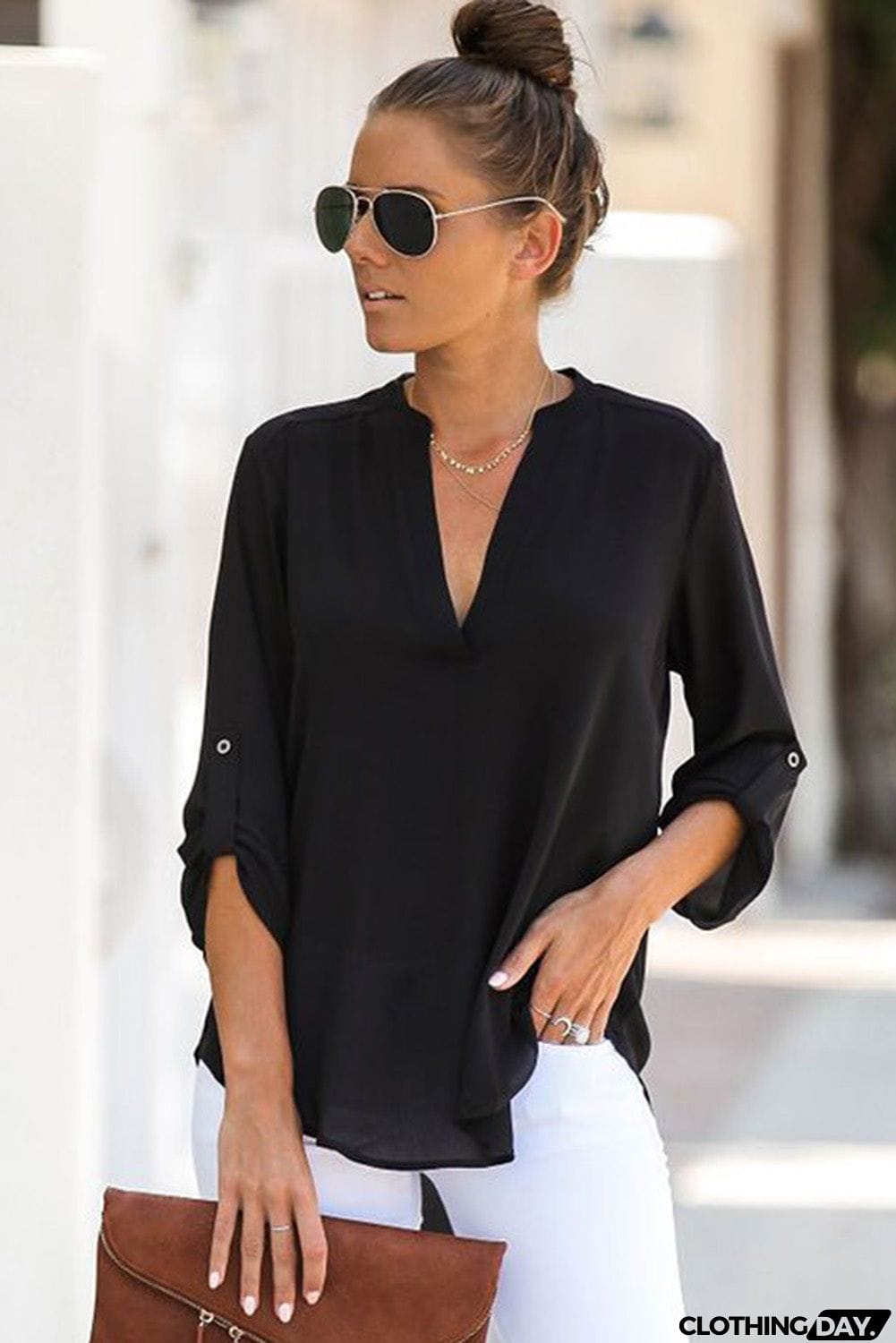Split Collar Roll Up Sleeve Blouse