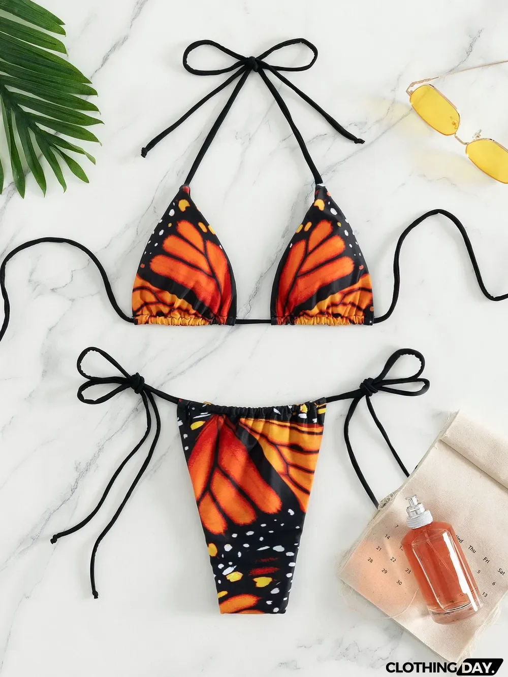 Butterfly Printed Lace-up Halter Bikini Set