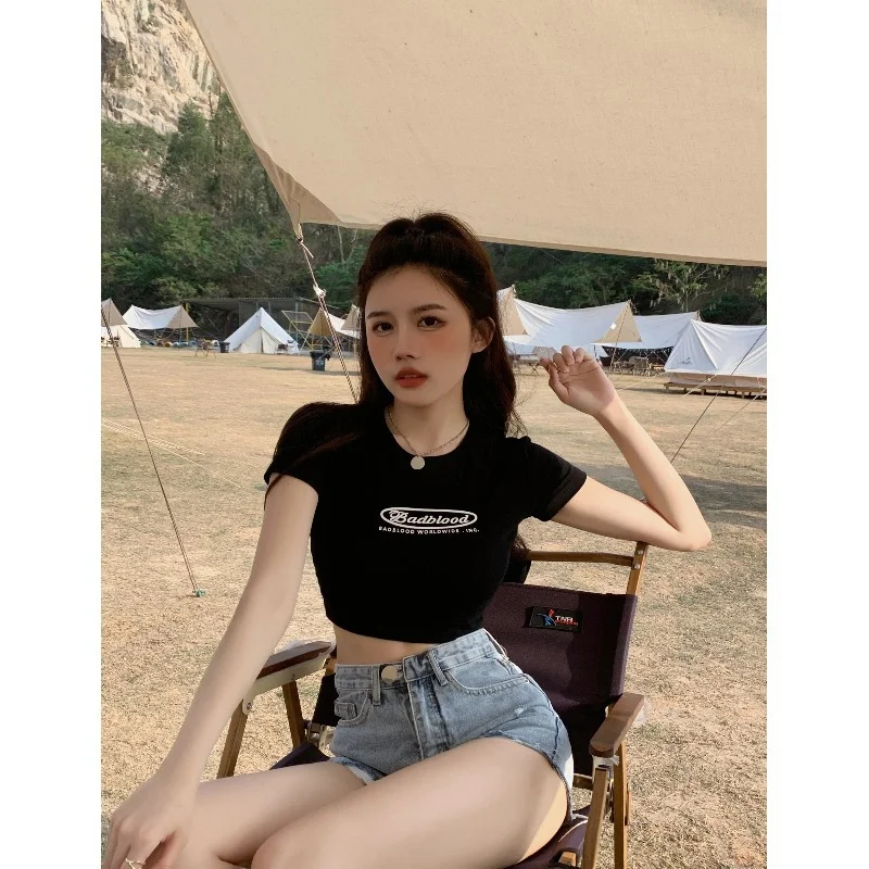 Uveng Uveng Letter Print Short T-Shirt Women's Summer 2024 New Slim Slim Short-Sleeved Top