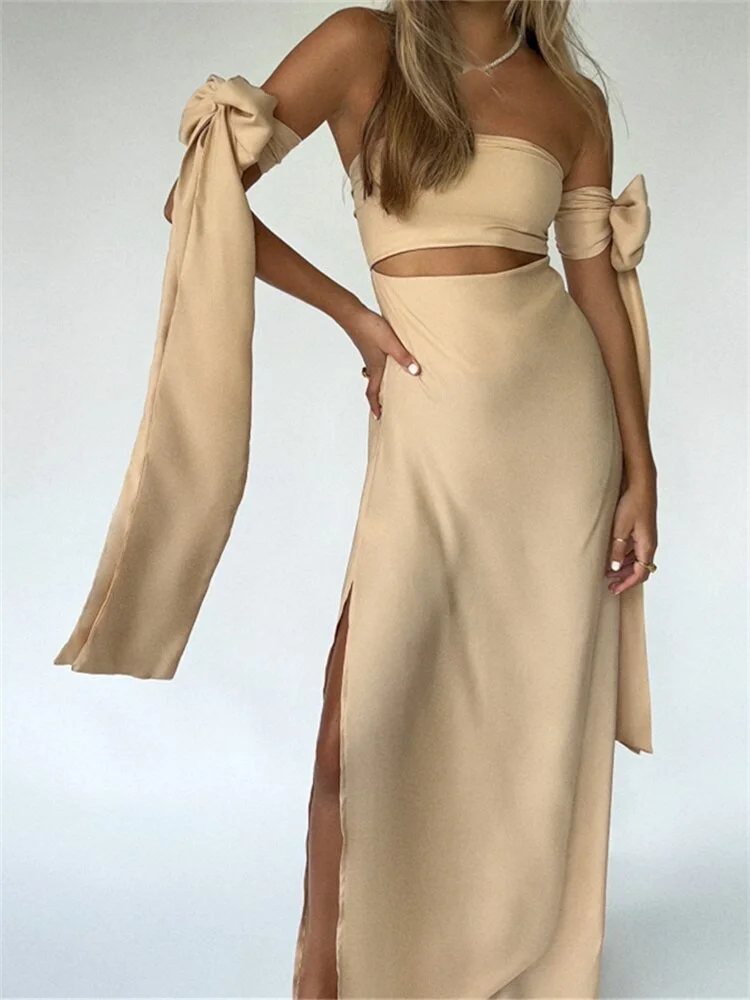 Strapless Off Shoulder  Women Split Long Dresses Elegant Cut Out Slim Fit Solid Dress Summer Female Vestidos 2023