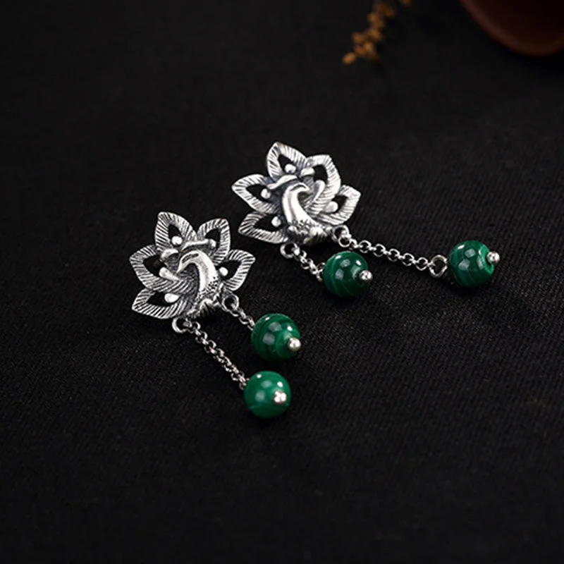 990 Sterling Silver Malachite Phoenix Peony Flower Bead Protection Drop Earrings