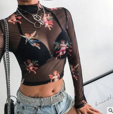 Brownm Brownm Summer Ins New Angel Print Mesh Short Crop Long Sleeve T-Shirt Top