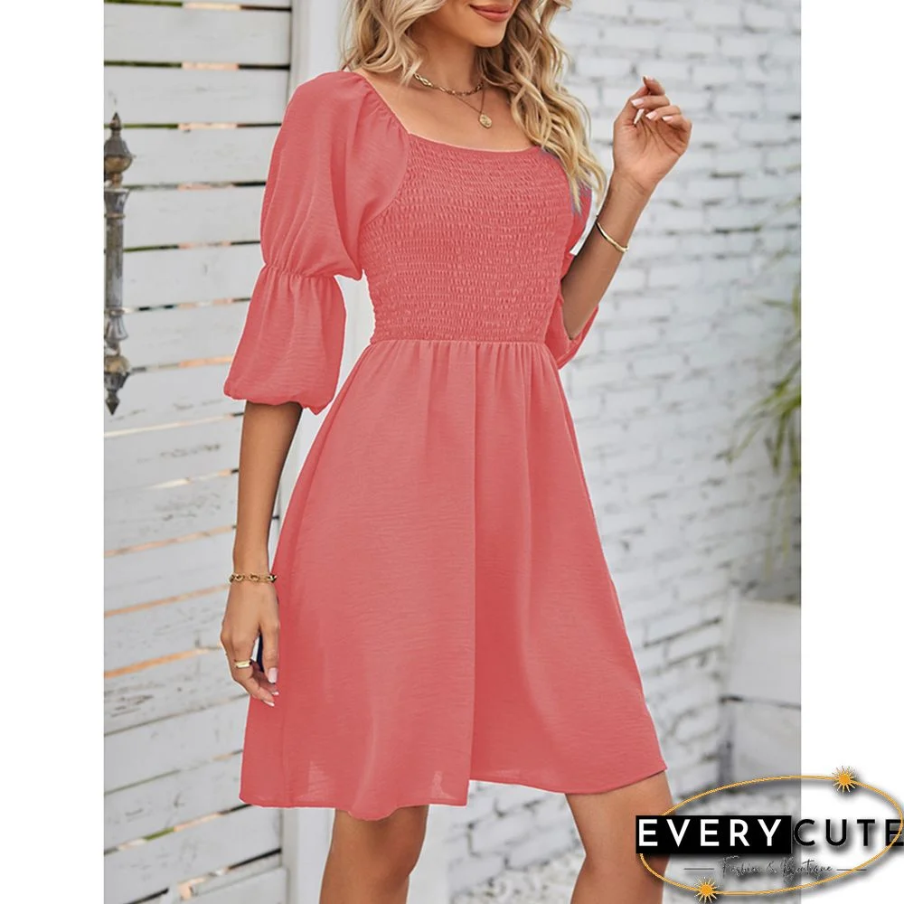 Light PinkPleated Square Neck Puff Sleeve Dress