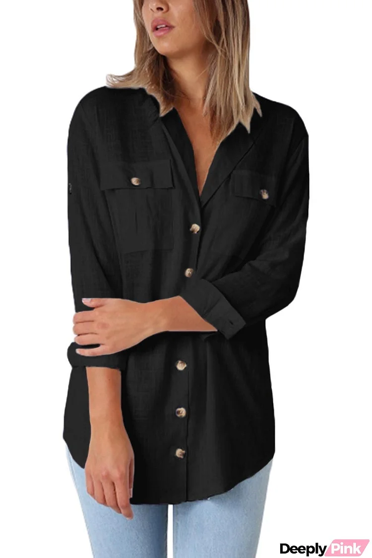 Buttoned Pockets Shawl Collar Linen Blouse