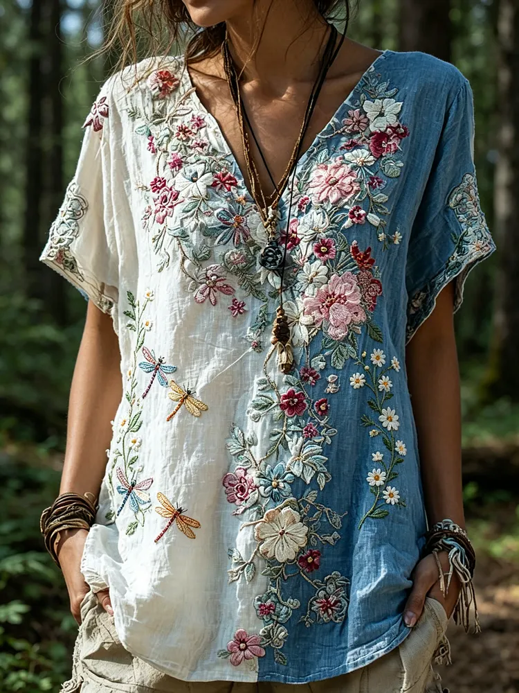 🌸 Women's Floral & Dragonfly Embroidered Color Block Boho Blouse