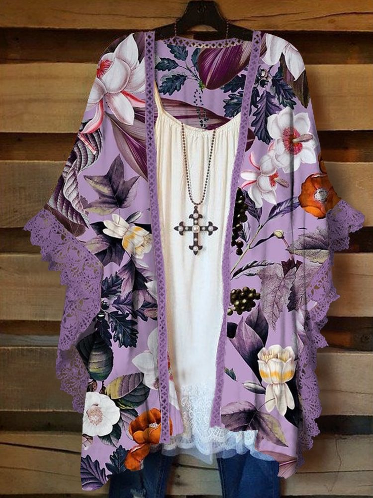 Plus Size Casual Printed Kimono Jacket P178383475