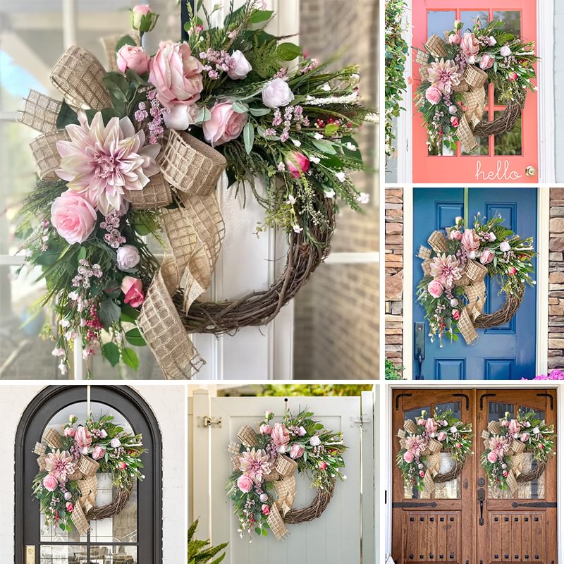 Large spring Blush dahlia wreath for front door