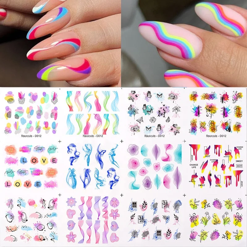 12 Designs Nail Stickers Set Mixed Floral Geometric Nail Art Water Transfer Decals Sliders Flower Leaves Manicures Decoration-Nail Inspo