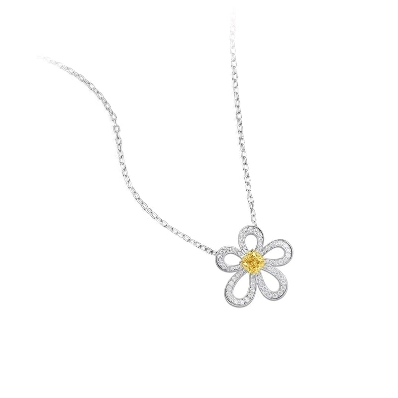925 Sterling Silver Zircon Cable Chain Inlay Flower Pendant Necklace