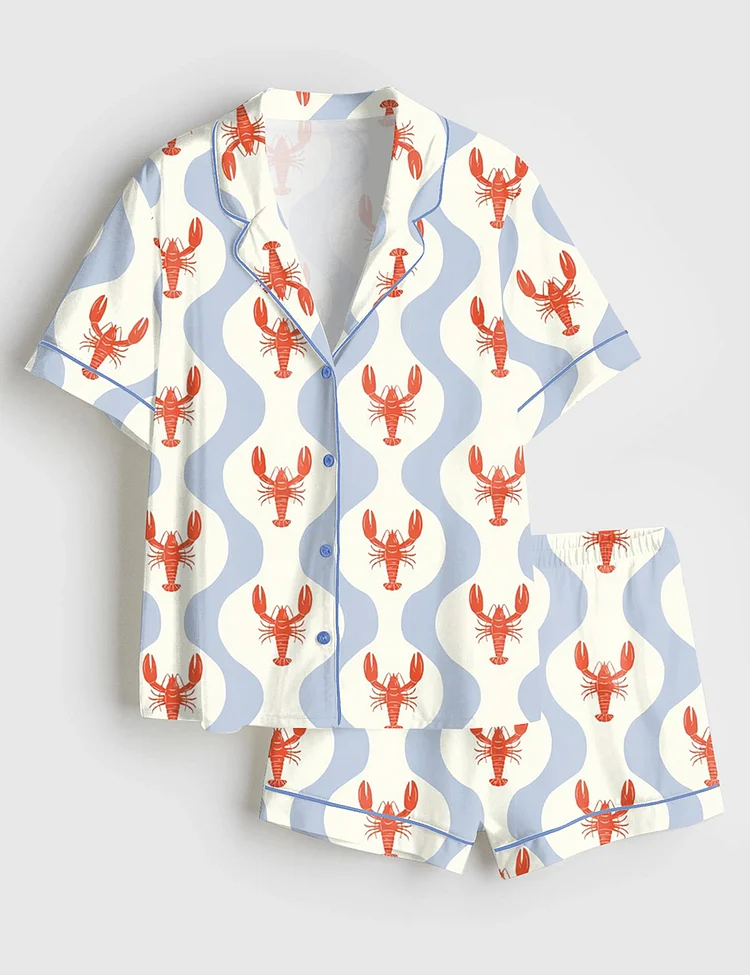 Women&rsquo;s Whimsical Lobster Nautical Beach Coastal Marine Print Short Sleeve Satin Pajama Set
