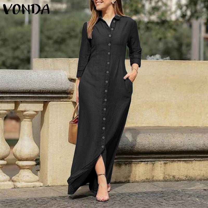 VONDA Women Long Sleeve Long Maxi Dress Summer Vintage Checked Plaid Turn Down Neck Shirt Dresses Button Up Party Vestidos Robe