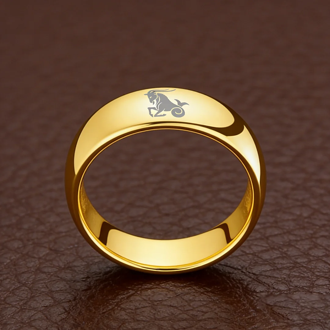 4MM 6MM 8MM Gold Capricorn Tungsten Carbide Rings Prints Laser Design Domed Top Tungsten Wedding Bands