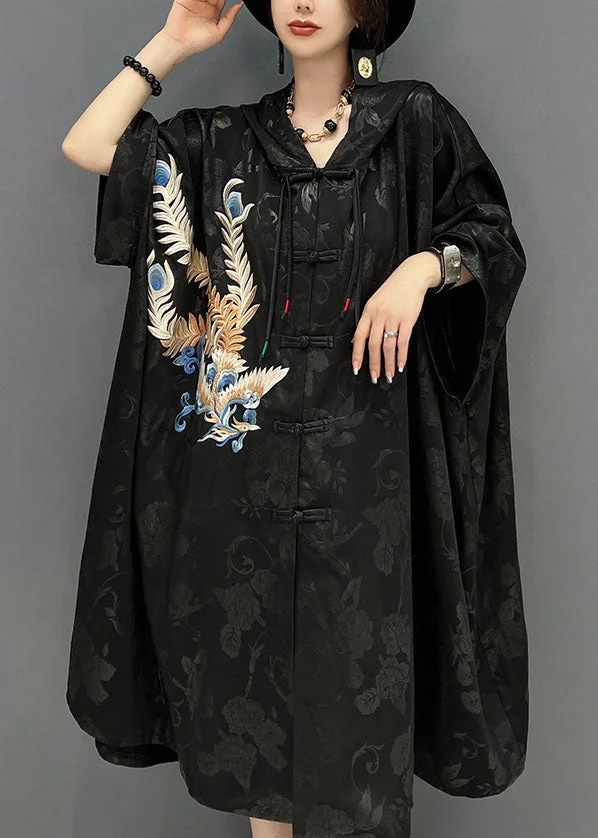 Chinese Style Black Hooded Embroideried Jacquard Cotton Trench Coat
