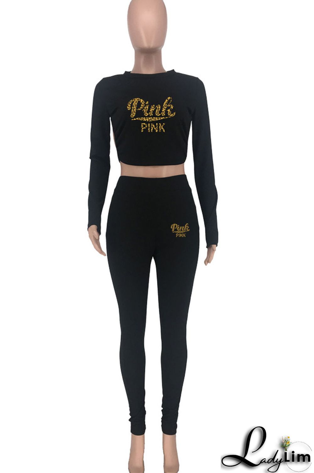 Black Sexy Print Patchwork Frenulum Backless O Neck Three Quarter Two Pieces