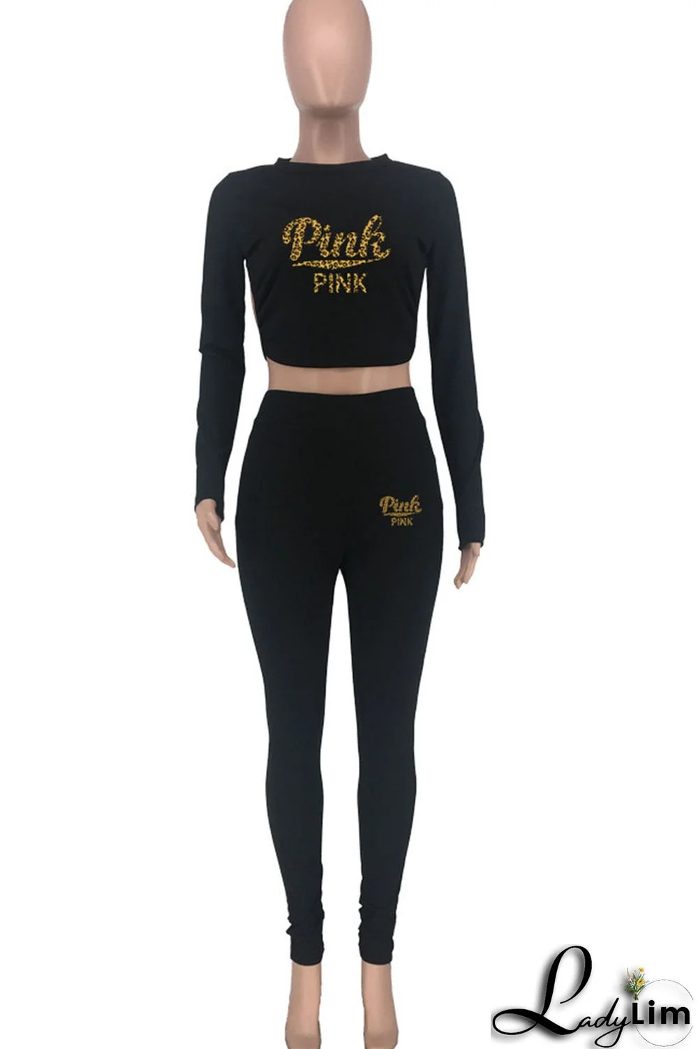 Black Sexy Print Patchwork Frenulum Backless O Neck Three Quarter Two Pieces