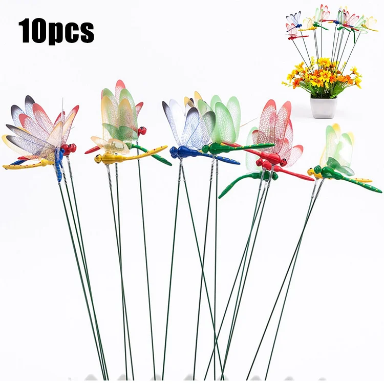 10PCS Dragonfly Stakes Outdoor 3D Simulation Dragonfly Stakes Yard Plant Lawn Decor Stick