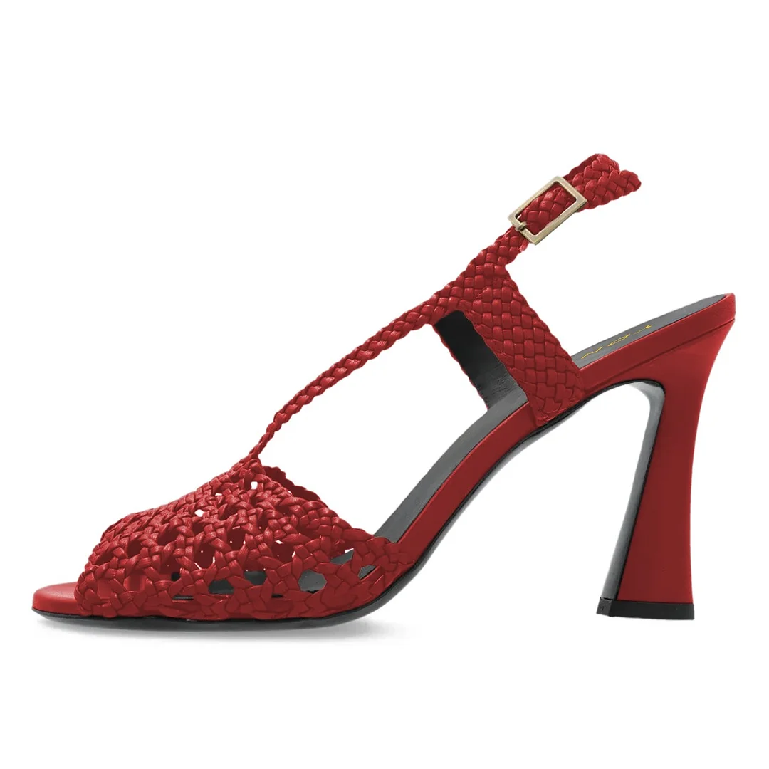 Peep Toe Braided Cut-Out Red Buckled Flared High Heels Sandals
